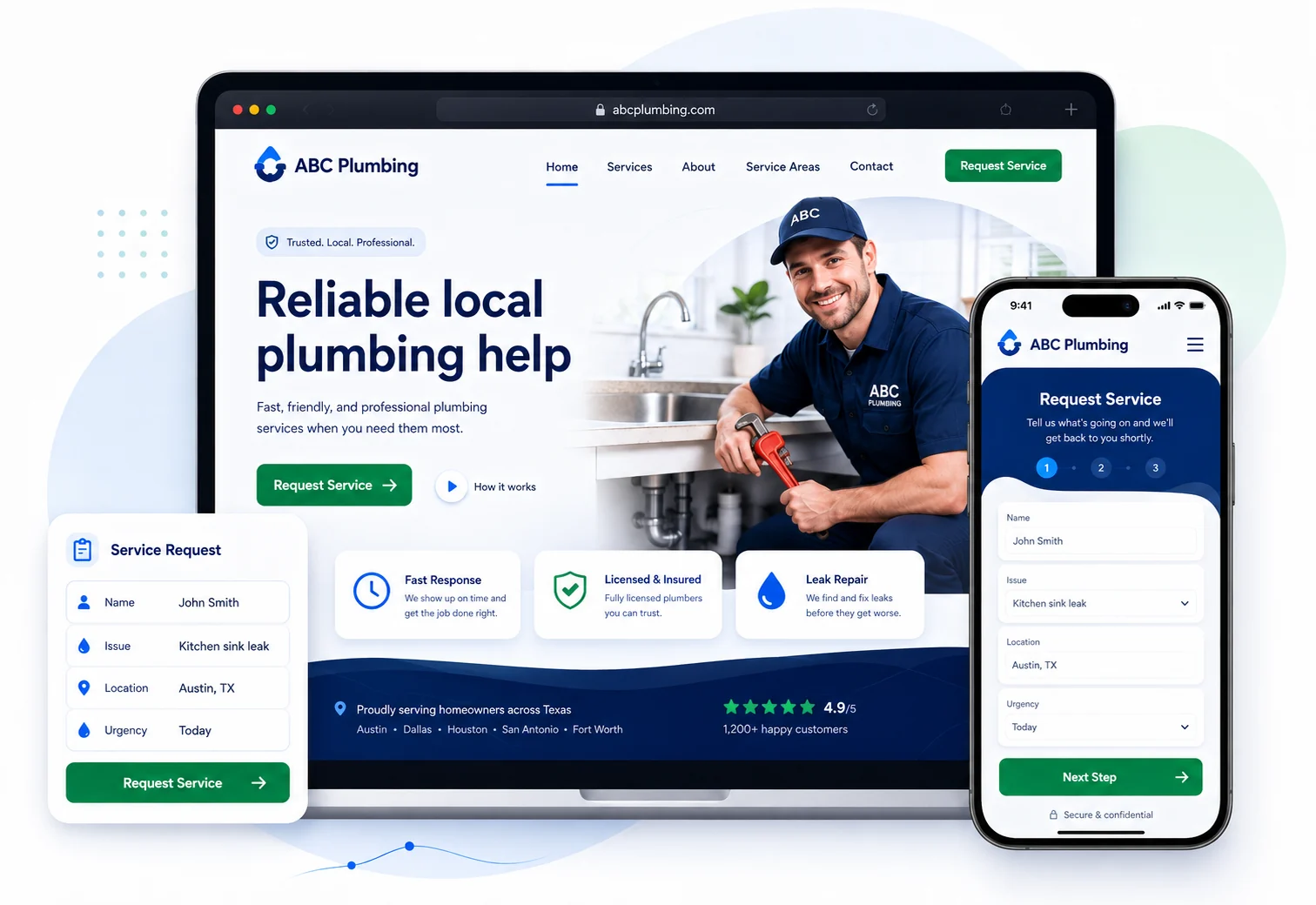 Service-business demo website shown on desktop and mobile devices